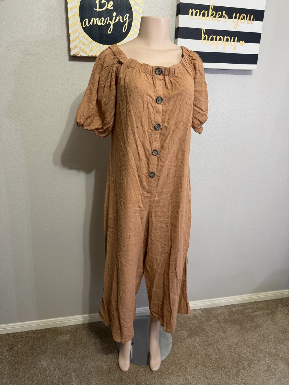 ASOS Rust Brown Button-Front Puff Sleeve Jumpsuit